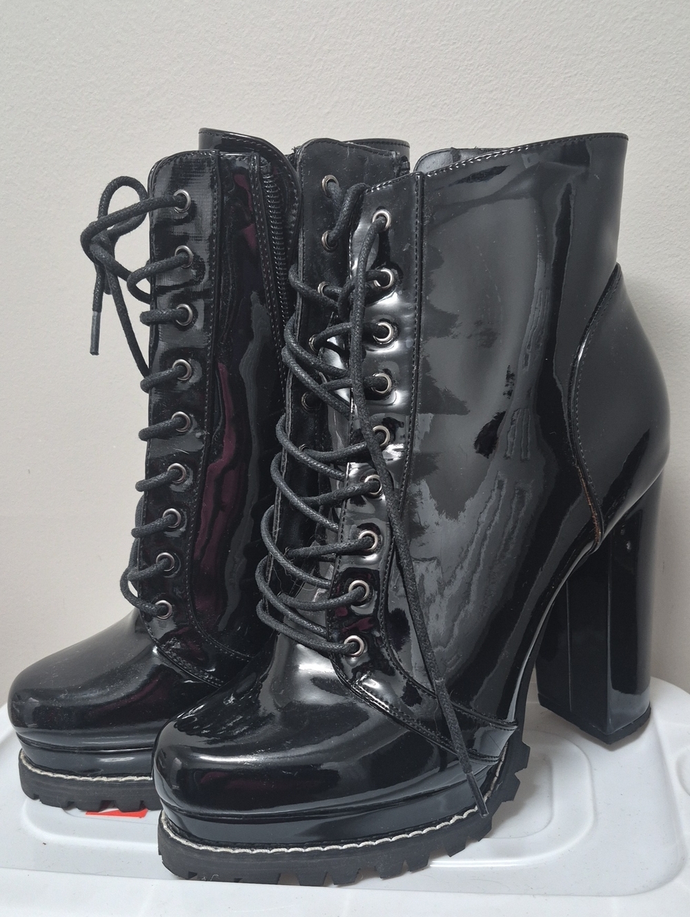 Women's Black Patent Lace-Up Platform Ankle Boots